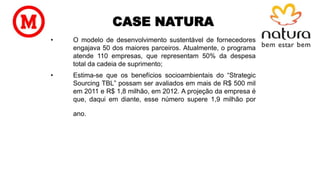 CASE NATURA
• O modelo de desenvolvimento sustentável de fornecedores
engajava 50 dos maiores parceiros. Atualmente, o programa
atende 110 empresas, que representam 50% da despesa
total da cadeia de suprimento;
• Estima-se que os benefícios socioambientais do “Strategic
Sourcing TBL” possam ser avaliados em mais de R$ 500 mil
em 2011 e R$ 1,8 milhão, em 2012. A projeção da empresa é
que, daqui em diante, esse número supere 1,9 milhão por
ano.
 