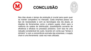 CONCLUSÃO
Nos dias atuais o tempo de produção é crucial para quem quer
se manter competitivo no mercado. Cada empresa possui um
tipo de necessidade e com as tecnologias dos dia atuais, já
dispões de ferramentas como o próprio supply chain para a
melhoria da cadeia de distribuição, possibilitando aumento de
eficiência e eficácia no processo produtivo. Com isso há uma
redução considerável de custo, levando em conta que “tempo é
dinheiro” e com a concorrência acirrada das empresas, o supply
chain é uma ferramenta cada vez mais utilizada.
 