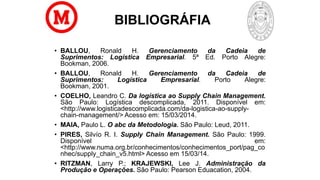 BIBLIOGRÁFIA
• BALLOU, Ronald H. Gerenciamento da Cadeia de
Suprimentos: Logística Empresarial. 5ª Ed. Porto Alegre:
Bookman, 2006.
• BALLOU, Ronald H. Gerenciamento da Cadeia de
Suprimentos: Logística Empresarial. Porto Alegre:
Bookman, 2001.
• COELHO, Leandro C. Da logística ao Supply Chain Management.
São Paulo: Logística descomplicada, 2011. Disponível em:
<http://www.logisticadescomplicada.com/da-logistica-ao-supply-
chain-management/> Acesso em: 15/03/2014.
• MAIA, Paulo L. O abc da Metodologia. São Paulo: Leud, 2011.
• PIRES, Silvío R. I. Supply Chain Management. São Paulo: 1999.
Disponível em:
<http://www.numa.org.br/conhecimentos/conhecimentos_port/pag_co
nhec/supply_chain_v5.html> Acesso em 15/03/14.
• RITZMAN, Larry P.; KRAJEWSKI, Lee J. Administração da
Produção e Operações. São Paulo: Pearson Eduacation, 2004.
 
