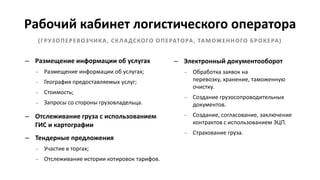 Рабочий кабинет логистического оператора
(ГРУЗОПЕРЕВОЗЧИКА, СКЛАДСКОГО ОПЕРАТОРА, ТАМОЖЕННОГО БРОКЕРА)
– Размещение информации об услугах
– Размещение информации об услугах;
– География предоставляемых услуг;
– Стоимость;
– Запросы со стороны грузовладельца.
– Отслеживание груза с использованием
ГИС и картографии
– Тендерные предложения
– Участие в торгах;
– Отслеживание истории котировок тарифов.
– Электронный документооборот
– Обработка заявок на
перевозку, хранение, таможенную
очистку.
– Создание грузосопроводительных
документов.
– Создание, согласование, заключение
контрактов с использованием ЭЦП.
– Страхование груза.
 