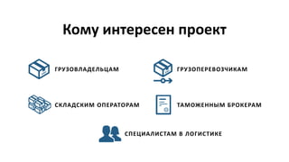 Кому интересен проект
ГРУЗОВЛАДЕЛЬЦАМ ГРУЗОПЕРЕВОЗЧИКАМ
СКЛАДСКИМ ОПЕРАТОРАМ ТАМОЖЕННЫМ БРОКЕРАМ
СПЕЦИАЛИСТАМ В ЛОГИСТИКЕ
 