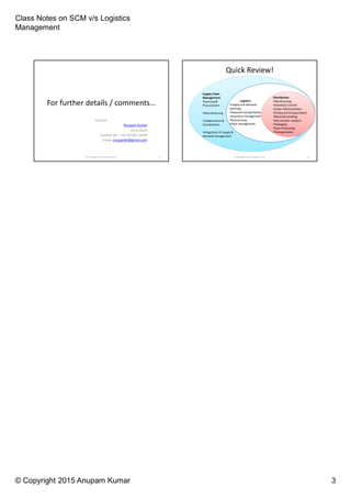 Class Notes on SCM v/s Logistics
Management
© Copyright 2015 Anupam Kumar 3
For further details / comments…
Contact:
- Anupam Kumar
Consultant
Contact No.: +91-93100-10444
Email: anupamkr@gmail.com
13© Copyright 2013 Anupam Kumar © Copyright 2013 Anupam Kumar 14
Logistics
•Supply and demand
planning
•Inbound transportation
•Inventory management
•Outsourcing
•Fleet management
Distribution
•Warehousing
•Inventory Control
•Order Administration
•Outbound transportation
•Material handling
•Site location analysis
•Packaging
•Data Processing
•Transportation
Supply Chain
Management
•Sourcing &
Procurement
•Manufacturing
•Collaboration &
Coordination
•Integration of supply &
demand management
Quick Review!
 