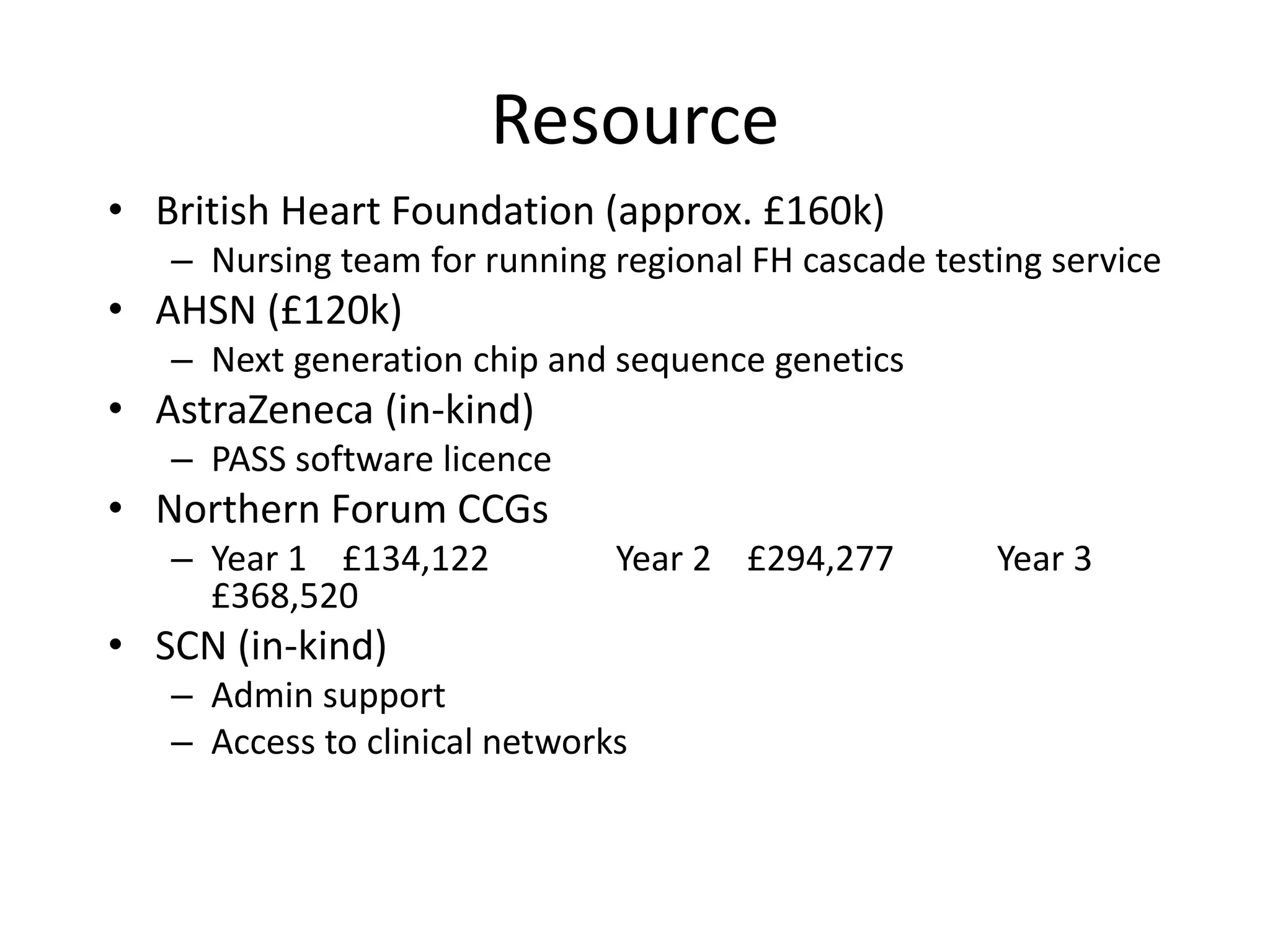 Resource
• British Heart Foundation (approx. £160k)
– Nursing team for running regional FH cascade testing service
• AHSN (£120k)
– Next generation chip and sequence genetics
• AstraZeneca (in-kind)
– PASS software licence
• Northern Forum CCGs
– Year 1 £134,122 Year 2 £294,277 Year 3
£368,520
• SCN (in-kind)
– Admin support
– Access to clinical networks
 
