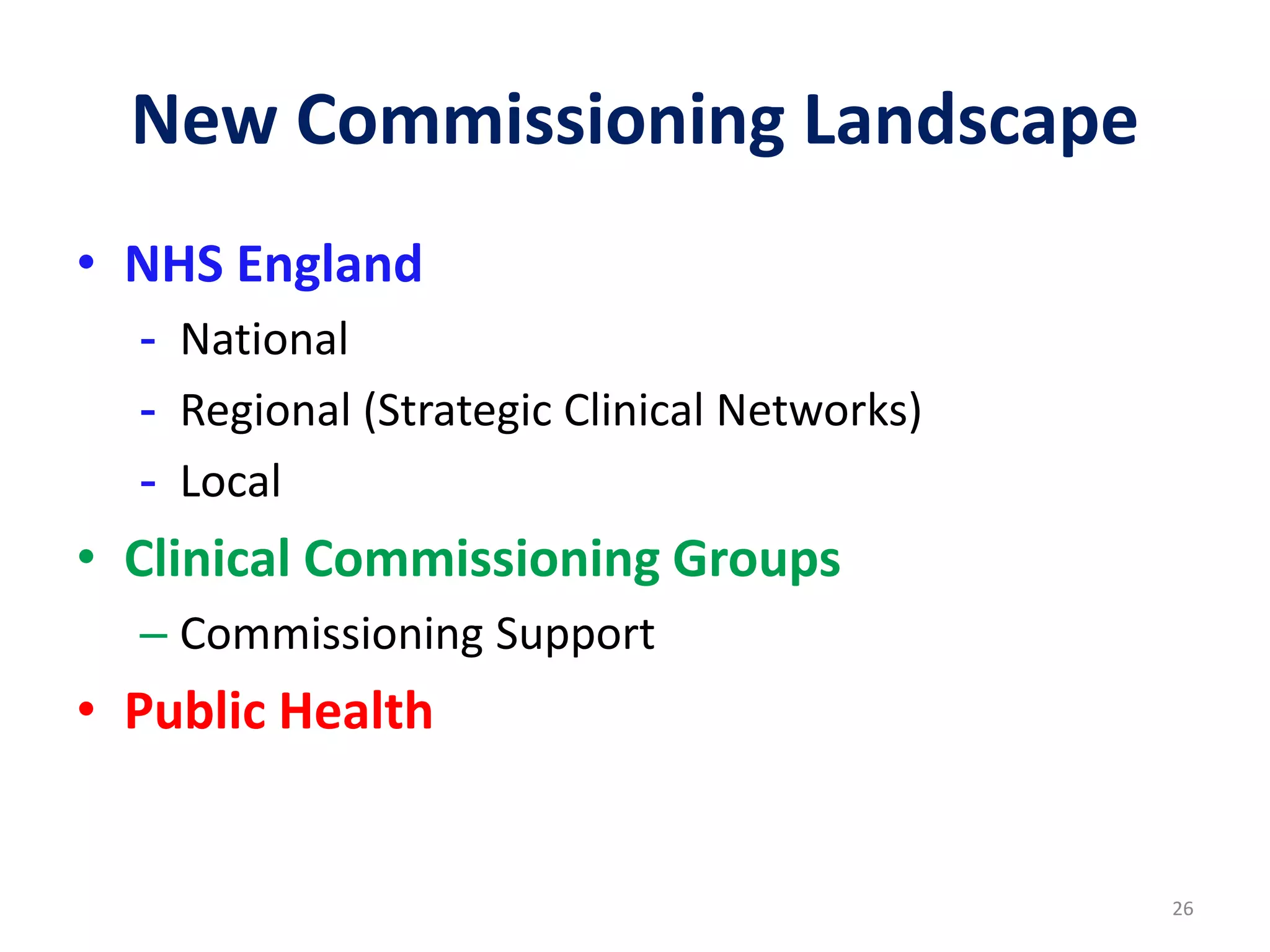 New Commissioning Landscape
• NHS England
- National
- Regional (Strategic Clinical Networks)
- Local
• Clinical Commissioning Groups
– Commissioning Support
• Public Health
26
 