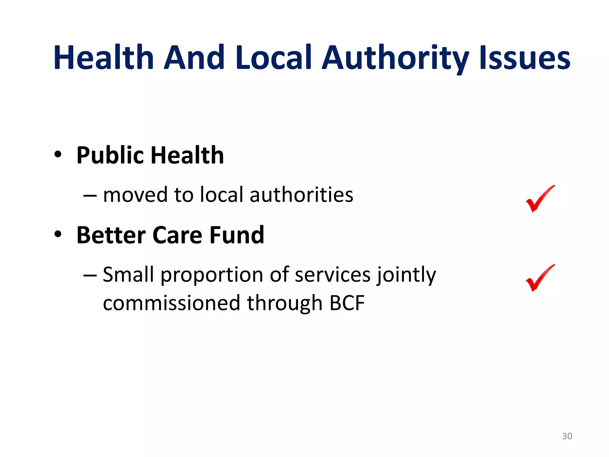 Health And Local Authority Issues
• Public Health
– moved to local authorities
• Better Care Fund
– Small proportion of services jointly
commissioned through BCF
30
 