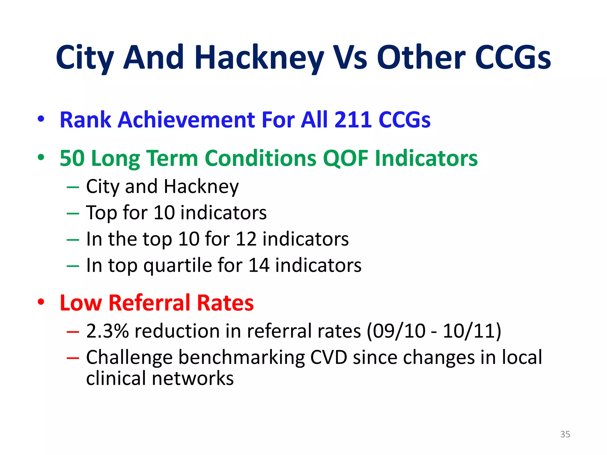 City And Hackney Vs Other CCGs
• Rank Achievement For All 211 CCGs
• 50 Long Term Conditions QOF Indicators
– City and Hackney
– Top for 10 indicators
– In the top 10 for 12 indicators
– In top quartile for 14 indicators
• Low Referral Rates
– 2.3% reduction in referral rates (09/10 - 10/11)
– Challenge benchmarking CVD since changes in local
clinical networks
35
 