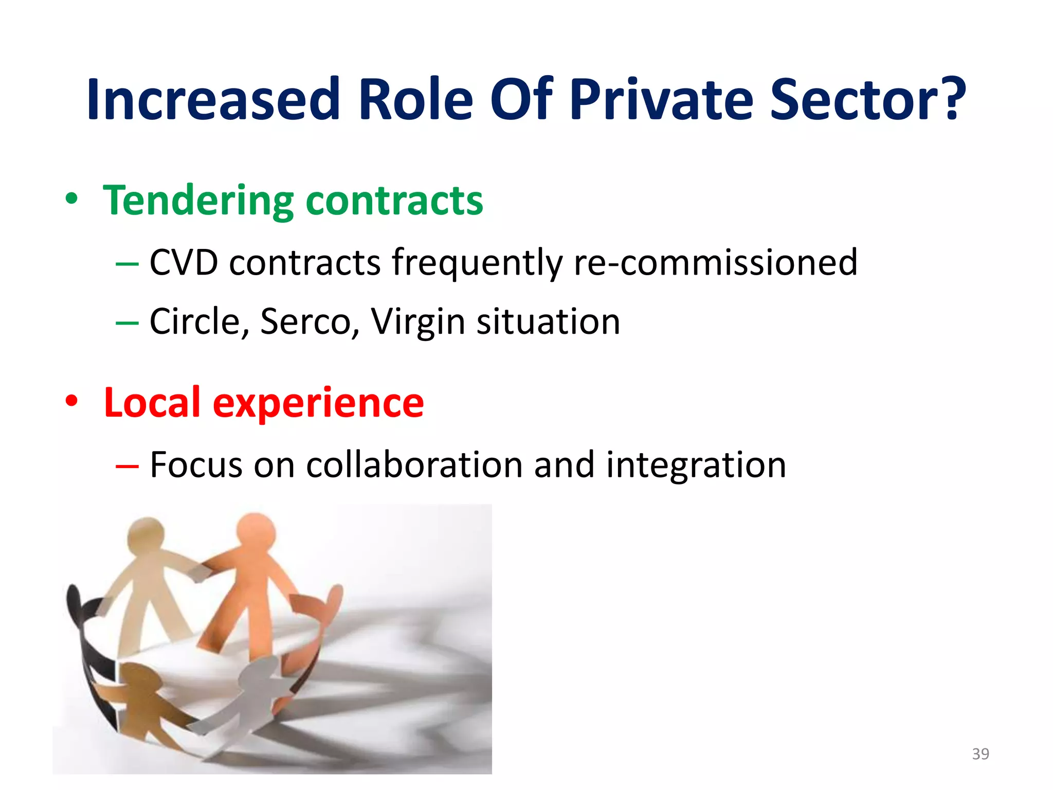 Increased Role Of Private Sector?
39
• Tendering contracts
– CVD contracts frequently re-commissioned
– Circle, Serco, Virgin situation
• Local experience
– Focus on collaboration and integration
 