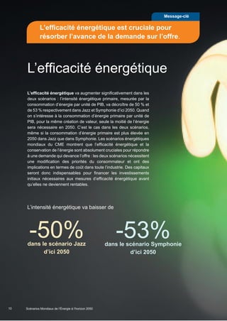 10
Message-clé
L’efficacité énergétique
L’efficacité énergétique va augmenter significativement dans les
deux scénarios : l’intensité énergétique primaire, mesurée par la
consommation d’énergie par unité de PIB, va décroître de 50 % et
de 53 % respectivement dans Jazz et Symphonie d’ici 2050. Quand
on s’intéresse à la consommation d’énergie primaire par unité de
PIB, pour la même création de valeur, seule la moitié de l’énergie
sera nécessaire en 2050. C’est le cas dans les deux scénarios,
même si la consommation d’énergie primaire est plus élevée en
2050 dans Jazz que dans Symphonie. Les scénarios énergétiques
mondiaux du CME montrent que l’efficacité énergétique et la
conservation de l’énergie sont absolument cruciales pour répondre
à une demande qui devance l’offre : les deux scénarios nécessitent
une modification des priorités du consommateur et ont des
implications en termes de coût dans toute l’industrie. Des capitaux
seront donc indispensables pour financer les investissements
initiaux nécessaires aux mesures d’efficacité énergétique avant
qu’elles ne deviennent rentables.
-50%dans le scénario Jazz
d’ici 2050
L’intensité énergétique va baisser de
L’efficacité énergétique est cruciale pour
résorber l’avance de la demande sur l’offre.
-53%dans le scénario Symphonie
d’ici 2050
Scenarios_Resume_FR.indd 10 16/10/2013 17:38:35
Scénarios Mondiaux de l’Énergie à l’horizon 2050
 
