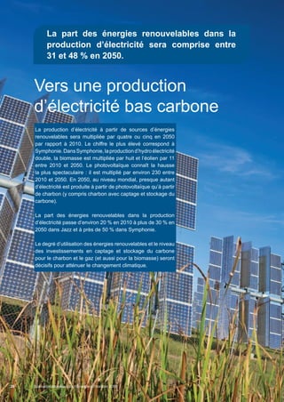 26
Scenarios_executive_summary_30_9_13.2.indd 26 30/09/2013 14:08
La part des énergies renouvelables dans la
production d’électricité sera comprise entre
31 et 48 % en 2050.
Vers une production
d’électricité bas carbone
La production d’électricité à partir de sources d’énergies
renouvelables sera multipliée par quatre ou cinq en 2050
par rapport à 2010. Le chiffre le plus élevé correspond à
Symphonie.DansSymphonie,laproductiond’hydroélectricité
double, la biomasse est multipliée par huit et l’éolien par 11
entre 2010 et 2050. Le photovoltaïque connaît la hausse
la plus spectaculaire : il est multiplié par environ 230 entre
2010 et 2050. En 2050, au niveau mondial, presque autant
d’électricité est produite à partir de photovoltaïque qu’à partir
de charbon (y compris charbon avec captage et stockage du
carbone).
La part des énergies renouvelables dans la production
d’électricité passe d’environ 20 % en 2010 à plus de 30 % en
2050 dans Jazz et à près de 50 % dans Symphonie.
Le degré d’utilisation des énergies renouvelables et le niveau
des investissements en captage et stockage du carbone
pour le charbon et le gaz (et aussi pour la biomasse) seront
décisifs pour atténuer le changement climatique.
Scénarios Mondiaux de l’Énergie à l’horizon 2050
 