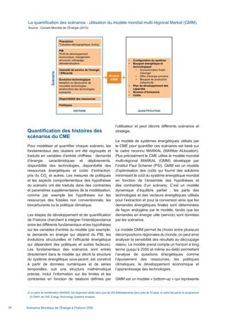 Quantification des histoires des
scénarios du CME
Pour modéliser et quantifier chaque scénario, les
fondamentaux des clusters ont été regroupés et
traduits en variables d’entrée chiffrées : demande
d’énergie, caractéristiques et déploiements,
disponibilité des technologies, disponibilité des
ressources énergétiques et coûts d’extraction,
prix du CO2
et autres. Les mesures de politiques
et les aspects comportementaux des hypothèses
du scénario ont été traduits dans des contraintes
et paramètres supplémentaires de la modélisation,
comme par exemple les hypothèses sur les
ressources des fossiles non conventionnels, les
biocarburants ou la politique climatique.
Les étapes de développement et de quantification
de l’histoire cherchent à intégrer l’interdépendance
entre les différents fondamentaux et les hypothèses
sur les variables d’entrée du modèle (par exemple,
la demande en énergie qui dépend du PIB, les
évolutions structurelles et l’efficacité énergétique
qui dépendent des politiques et autres facteurs).
Les fondamentaux des scénarios sont entrés
directement dans le modèle qui décrit la structure
du système énergétique sous-jacent, est construit
à partir de données numériques et de séries
temporelles, suit une structure mathématique
précise, inclut l’information sur les limites et les
contraintes en fonction de relations définies par
l’utilisateur et peut décrire différents scénarios et
stratégie.
Le modèle de systèmes énergétiques utilisés par
le CME pour quantifier ces scénarios est basé sur
le cadre reconnu MARKAL (MARker ALlocation).
Plus précisément le CME utilise le modèle mondial
multi-régional MARKAL (GMM) développé par
l’institut Paul Scherrer (PSI). GMM est un modèle
d’optimisation des coûts qui fournit des solutions
minimisant le coût du système énergétique mondial
en fonction de l’ensemble des hypothèses et
des contraintes d’un scénario. C’est un modèle
dynamique d’équilibre partiel ; les parts des
technologies et des vecteurs énergétiques utilisés
pour l’extraction et pour la conversion ainsi que les
demandes énergétiques finales sont déterminées
de façon endogène par le modèle, tandis que les
demandes en énergie utile (service) sont données
par les scénarios.
Le modèle GMM permet de choisir entre plusieurs
décompositions régionales du monde, on peut ainsi
analyser la sensibilité des résultats au découpage
retenu. Le modèle prend compte un horizon à long
terme (jusqu’à 2050 et même au-delà) permettant
l’analyse de questions énergétiques comme
l’épuisement des ressources, les politiques
climatiques, le développement économique et
l’apprentissage des technologies.
GMM est un modèle « bottom-up » qui représente
La quantification des scénarios : utilisation du modèle mondial multi-régional Markal (GMM).
Source : Conseil Mondial de l’Énergie (2013)
2 Le cadre de modélisation MARKAL est largement utilisé dans plus de 250 établissements dans près de 70 pays, le cadre fait partie du programme
(ETSAP) de l’AIE Energy Technology Systems Analysis.
Scénarios Mondiaux de l’Énergie à l’horizon 205034
Scenarios_Resume_FR.indd 34 16/10/2013 17:38:38
 
