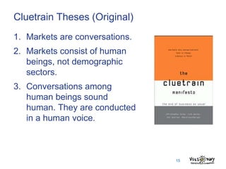 Cluetrain Theses (Original)
1. Markets are conversations.
2. Markets consist of human
   beings, not demographic
   sector...