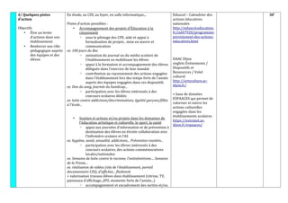4/ Quelques pistes
d'action
Objectifs
• Être un levier
d'actions dans son
établissement
• Renforcer son rôle
pédagogique auprès
des équipes et des
élèves
En étude, au CDI, au foyer, en salle informatique...
Pistes d'action possibles :
• Accompagnement des projets d'Éducation à la
citoyenneté
◦ sous le pilotage des CPE, aide et appui à
formalisation de projets , mise en œuvre et
communication
ex. 100 jours du Bac
◦ animation du journal ou du média scolaire de
l'établissement en mobilisant les élèves
◦ appui à la formation et accompagnement des élèves
délégués dans l'exercice de leur mandat
◦ contribution au rayonnement des actions engagées
dans l'établissement lors des temps forts de l'année
auprès des équipes engagées dans ces dispositifs
ex. Don du sang, Journée du handicap...
◦ participation avec les élèves intéressés à des
concours scolaires dédiés
ex. lutte contre addictions/discriminations, égalité garçons/filles
à l'école...
• Soutien et actions et/ou projets dans les domaines de
l'éducation artistique et culturelle, le sport, la santé
◦ appui aux journées d'information et de prévention à
destination des élèves en étroite collaboration avec
l'Infirmière scolaire et l'AS
ex. hygiène, santé, sexualité, addictions... Prévention routière...
◦ participation avec les élèves intéressés à des
concours scolaires, des actions commémoratives
locales/nationales
ex. Semaine de lutte contre le racisme, l'antisémitisme.... Semaine
de la Presse...
ex. réalisation de vidéos (site de l'établissement, portail
documentaire CDI), d'affiches... flashmob
+ valorisation travaux élèves dans établissement (vitrine, TV,
panneaux d'affichage...JPO, moments forts de l'année...)
◦ accompagnement et encadrement des sorties et/ou
Eduscol – Calendrier des
actions éducatives
nationales
http://eduscol.education.
fr/cid47920/programme-
previsionnel-des-actions-
educatives.html
DAAC Dijon
onglets Événements /
Dispositifs et
Ressources / Volet
culturel
http://artsculture.ac-
dijon.fr/
+ base de données
ESPAACES qui permet de
valoriser et suivre les
actions culturelles
engagées dans les
établissements scolaires
https://extranet.ac-
dijon.fr/espaaces/
30'
 