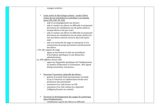 voyages scolaires
• Lutte contre le décrochage scolaire : rendre l'élève
acteur de son orientation et contribuer à sa réussite
(avec CPE, COP, PP, CDI)
◦ aide et accompagnement aux devoirs
◦ aide et soutien aux élèves en difficulté en proposant
des heures de remédiation (ou de petits ateliers)
lorsque élèves n'ont pas cours
◦ aide et soutien aux élèves en difficulté en proposant
des heures de remédiation (ou de petits ateliers) le
soir aux élèves internes et/ou le mercredi après-
midi
◦ aide à la recherche de stage en entreprise et à la
construction du projet personnel et professionnel
des élèves
+ CV, LM, rapport de stage
◦ appui au Secrétariat et aide aux procédures
d'inscription spécifiques et aux démarches
administratives
ex. APB, Affelnet, dossier DSE
◦ appui aux dispositifs spécifiques de l'établissement
en matière d’Éducation à l'orientation : JPO, Speed
dating orientation, rencontres...
• Favoriser l'ouverture culturelle des élèves :
◦ gestion d'un petit fonds documentaire en étude
et/ou à l'internat, en collaboration étroite avec
professeur-documentaliste
◦ animation d'un club lecture au CDI
◦ animation d'un club cinéma (ex. dispositif
Collégiens/Lycéens au cinéma)
• Favoriser le développement des usages du numérique
dans l'établissement :
◦ remédiation auprès des élèves en difficulté
 