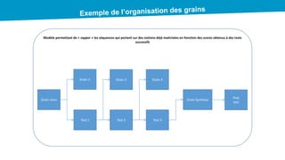Modèle permettant de « zapper » les séquences qui portent sur des notions déjà maitrisées en fonction des scores obtenus à des tests
successifs
Grain Intro
Grain 1
Test 1
Grain Synthèse
Test 3
Grain 3
Test 2
Grain 2
Post
test
 