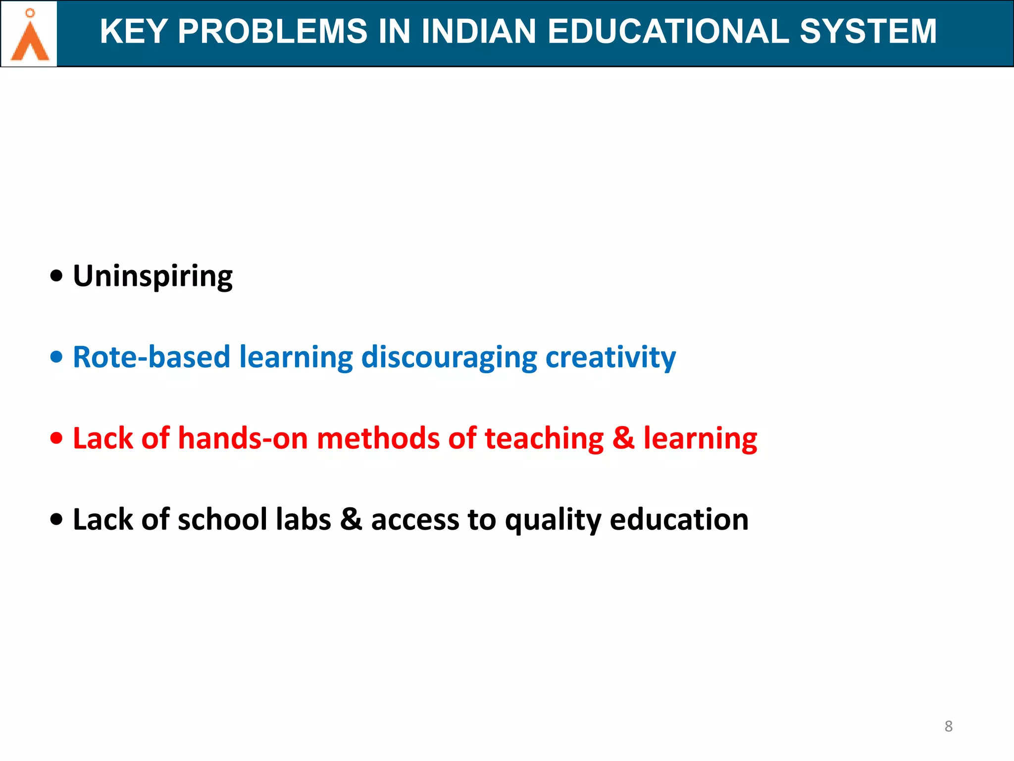 KEY PROBLEMS IN INDIAN EDUCATIONAL SYSTEM

KEY PROBLEMS IN INDIAN EDUCATIONAL SYSTEM

• Uninspiring
• Rote-based learning discouraging creativity
• Lack of hands-on methods of teaching & learning
• Lack of school labs & access to quality education

8

 