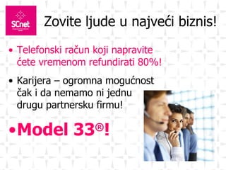 Zovite ljude u najveći biznis! Telefonski račun koji napravite ćete vremenom refundirati 80%! Karijera – ogromna mogućnost čak i da nemamo ni jednu  drugu partnersku firmu! Model 33 ® ! 
