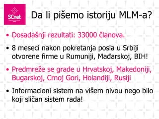 Da li pišemo istoriju MLM-a? Dosadašnji rezultati: 33000 članova. 8 meseci nakon pokretanja posla u Srbiji otvorene firme u Rumuniji, Mađarskoj, BIH! Predmreže se grade u Hrvatskoj, Makedoniji, Bugarskoj, Crnoj Gori, Holandiji, Rusiji Informacioni sistem na višem nivou nego bilo koji sličan sistem rada! 