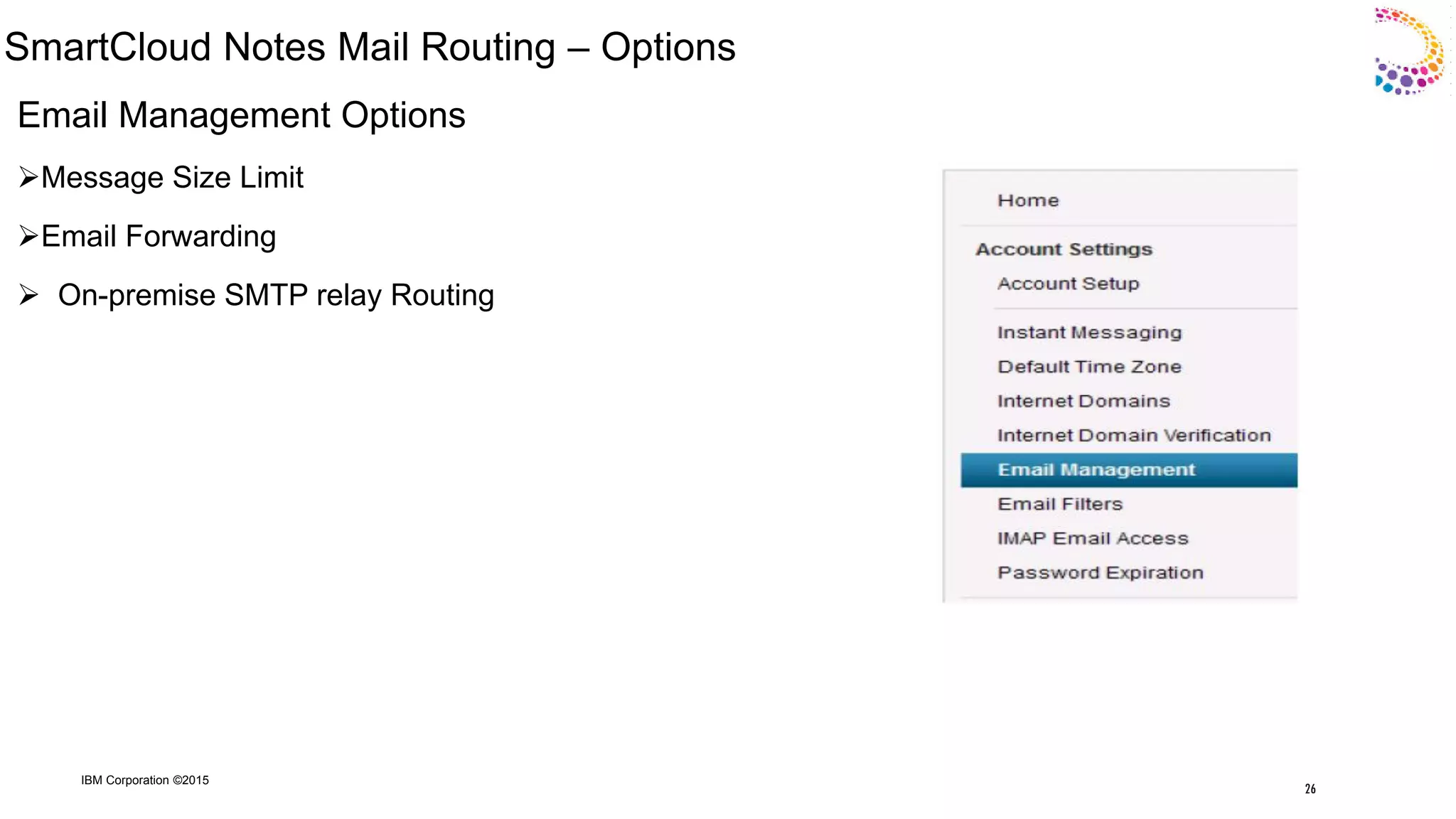 IBM Corporation ©2015
SmartCloud Notes Mail Routing – Options
Email Management Options
Message Size Limit
Email Forwarding
 On-premise SMTP relay Routing
26
 
