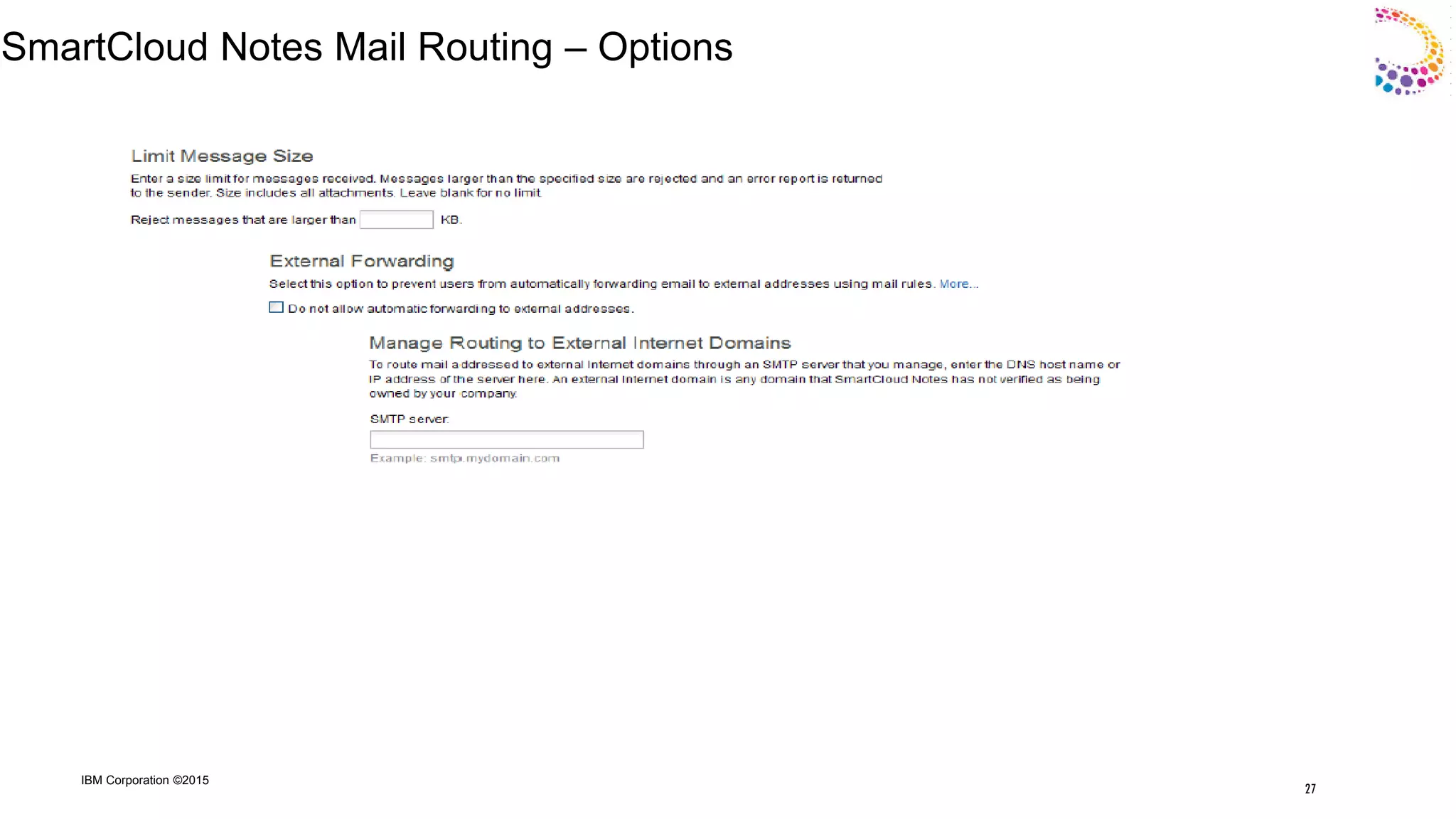IBM Corporation ©2015
SmartCloud Notes Mail Routing – Options
27
 