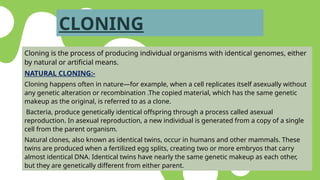 CLONING
Cloning is the process of producing individual organisms with identical genomes, either
by natural or artificial means.
NATURAL CLONING:-
Cloning happens often in nature—for example, when a cell replicates itself asexually without
any genetic alteration or recombination .The copied material, which has the same genetic
makeup as the original, is referred to as a clone.
Bacteria, produce genetically identical offspring through a process called asexual
reproduction. In asexual reproduction, a new individual is generated from a copy of a single
cell from the parent organism.
Natural clones, also known as identical twins, occur in humans and other mammals. These
twins are produced when a fertilized egg splits, creating two or more embryos that carry
almost identical DNA. Identical twins have nearly the same genetic makeup as each other,
but they are genetically different from either parent.
 