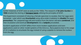 Earlier instances of SCNT exist as early as the 1950s. The research of Sir John Gurdon in
1958 entailed the cloning of Xenopus laevis utilizing the principles of SCNT.
This Experiment consisted of inducing a female specimen to ovulate, then her eggs were
harvested. Later which was Enucleated using ultra-violet irradiation to disable the egg’s
pronucleus. The prepared egg cell and nucleus from the donor cell were combined, and
then incubation and eventual development into a tadpole proceeded.
Gurdon’s application of SCNT differs from more modern applications and even
applications used on other model systems of the time (i.e., Rana pipiens) due to his usage
of UV irradiation to enucleate the egg instead of using a pipette to remove the nucleus
from the egg.
 