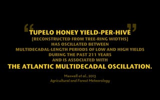 “ TUPELO HONEY YIELD-PER-HIVE 
” 
[RECONSTRUCTED FROM TREE-RING WIDTHS] 
HAS OSCILLATED BETWEEN 
MULTIDECADAL-LENGTH PERIODS OF LOW AND HIGH YIELDS 
DURING THE PAST 211 YEARS 
AND IS ASSOCIATED WITH 
THE ATLANTIC MULTIDECADAL OSCILLATION. 
Maxwell et al., 2013 
Agricultural and Forest Meteorology 
 