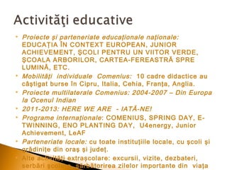 












Proiecte şi parteneriate educaţionale naţionale:
EDUCAŢIA ÎN CONTEXT EUROPEAN, JUNIOR
ACHIEVEMENT, ŞCOLI PENTRU UN VIITOR VERDE,
ŞCOALA ARBORILOR, CARTEA-FEREASTRĂ SPRE
LUMINĂ, ETC.
Mobilităţi individuale Comenius: 10 cadre didactice au
câştigat burse în Cipru, Italia, Cehia, Franţa, Anglia.
Proiecte multilaterale Comenius: 2004-2007 – Din Europa
la Ocenul Indian
2011-2013: HERE WE ARE - IATĂ-NE!
Programe internaţionale : COMENIUS, SPRING DAY, ETWINNING, ENO PLANTING DAY, U4energy, Junior
Achievement, LeAF
Parteneriate locale: cu toate instituţiile locale, cu şcoli şi
grădiniţe din oraş şi judeţ.
Alte activităţi extraşcolare: excursii, vizite, dezbateri,
serbări şcolare, sărbătorirea zilelor importante din viaţa

 