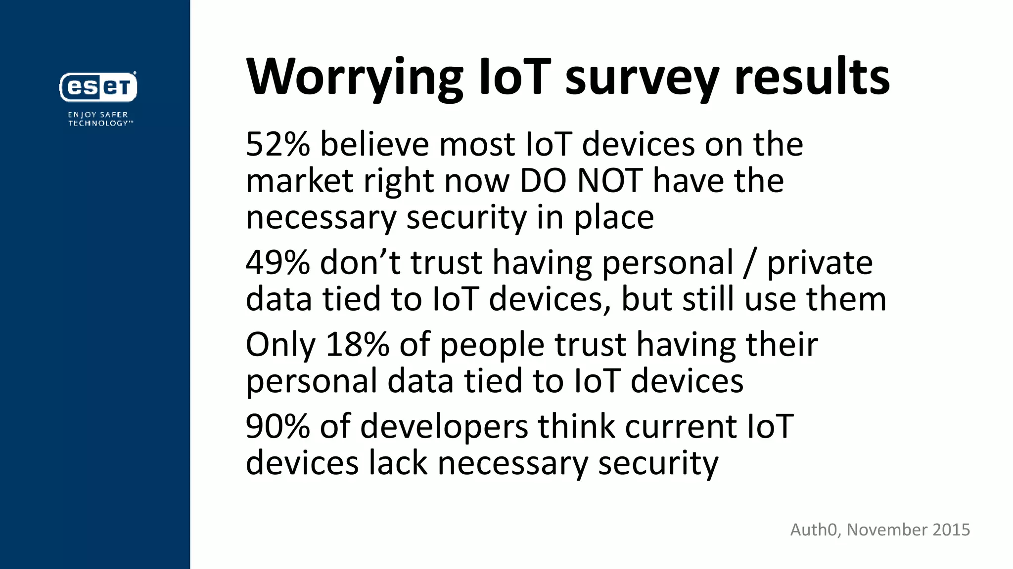 Worrying IoT survey results
52% believe most IoT devices on the
market right now DO NOT have the
necessary security in place
49% don’t trust having personal / private
data tied to IoT devices, but still use them
Only 18% of people trust having their
personal data tied to IoT devices
90% of developers think current IoT
devices lack necessary security
Auth0, November 2015
 