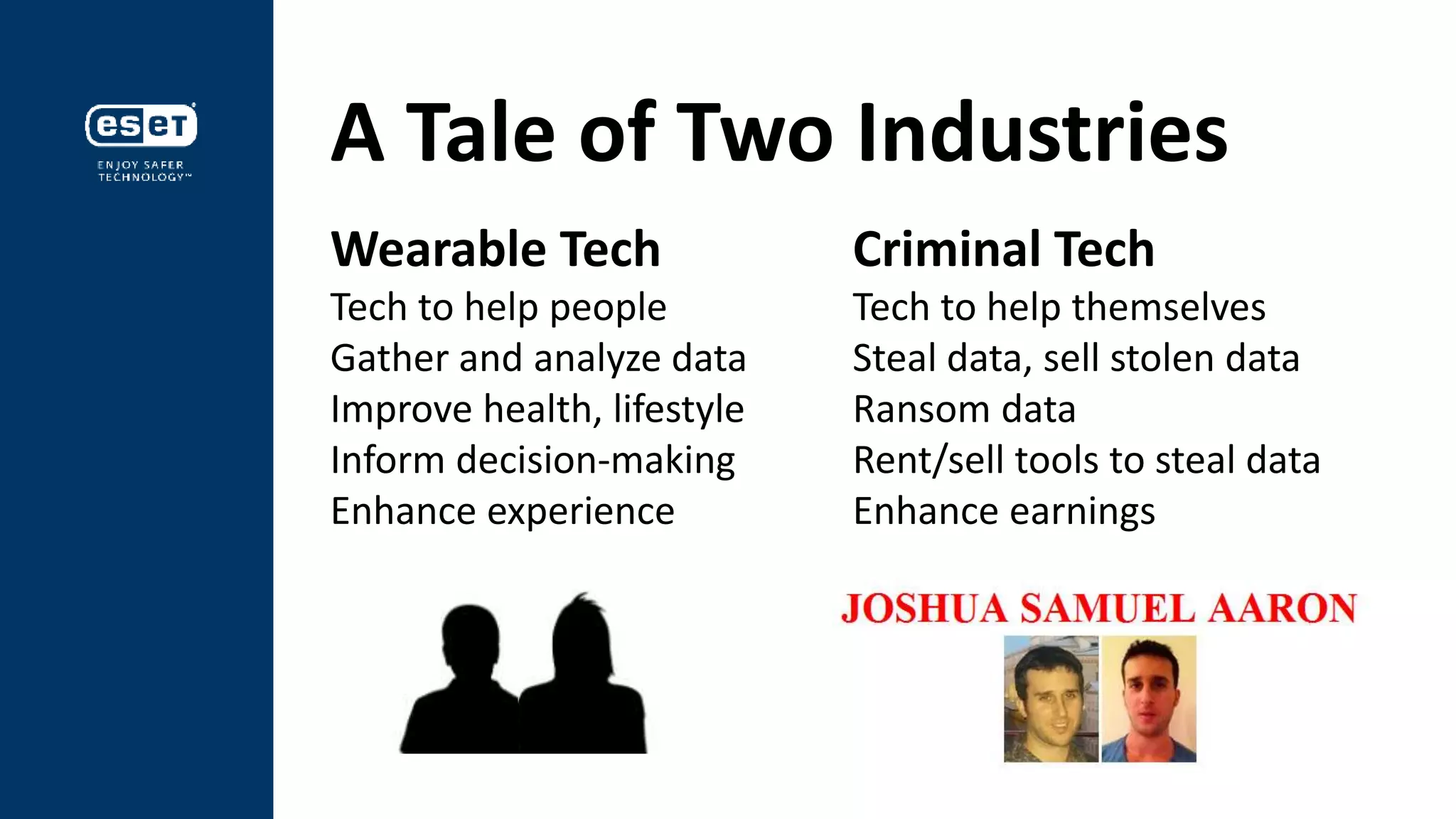 A Tale of Two Industries
Wearable Tech
Tech to help people
Gather and analyze data
Improve health, lifestyle
Inform decision-making
Enhance experience
Criminal Tech
Tech to help themselves
Steal data, sell stolen data
Ransom data
Rent/sell tools to steal data
Enhance earnings
 