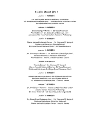 Scolaires Classe 5 Série 1
Journée 1 - 12/09/2015
Ent. Wincrange/FF Norden II - Résidence Walferdange
Ent. Bissen/Brouch/Boevange-Attert I - Alliance Aischdall Hobscheid-Eischen
Blô-Weiss Medernach - Alisontia Steinsel
Journée 2 - 19/09/2015
Ent. Wincrange/FF Norden II - Blô-Weiss Medernach
Alisontia Steinsel - Ent. Bissen/Brouch/Boevange-Attert I
Alliance Aischdall Hobscheid-Eischen - Résidence Walferdange
Journée 3 - 26/09/2015
Alliance Aischdall Hobscheid-Eischen - Ent. Wincrange/FF Norden II
Résidence Walferdange - Alisontia Steinsel
Ent. Bissen/Brouch/Boevange-Attert I - Blô-Weiss Medernach
Journée 4 - 03/10/2015
Ent. Wincrange/FF Norden II - Ent. Bissen/Brouch/Boevange-Attert I
Blô-Weiss Medernach - Résidence Walferdange
Alisontia Steinsel - Alliance Aischdall Hobscheid-Eischen
Journée 5 - 17/10/2015
Alisontia Steinsel - Ent. Wincrange/FF Norden II
Alliance Aischdall Hobscheid-Eischen - Blô-Weiss Medernach
Résidence Walferdange - Ent. Bissen/Brouch/Boevange-Attert I
Journée 6 - 24/10/2015
Résidence Walferdange - Alliance Aischdall Hobscheid-Eischen
Blô-Weiss Medernach - Ent. Wincrange/FF Norden II
Ent. Bissen/Brouch/Boevange-Attert I - Alisontia Steinsel
Journée 7 - 07/11/2015
Ent. Wincrange/FF Norden II - Alliance Aischdall Hobscheid-Eischen
Alisontia Steinsel - Résidence Walferdange
Blô-Weiss Medernach - Ent. Bissen/Brouch/Boevange-Attert I
Journée 8 - 14/11/2015
Ent. Bissen/Brouch/Boevange-Attert I - Ent. Wincrange/FF Norden II
Résidence Walferdange - Blô-Weiss Medernach
Alliance Aischdall Hobscheid-Eischen - Alisontia Steinsel
 