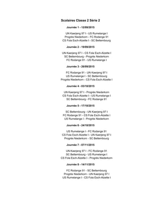 Scolaires Classe 2 Série 2
Journée 1 - 12/09/2015
UN Kaerjeng 97 I - US Rumelange I
Progrès Niederkorn - FC Rodange 91
CS Fola Esch-Alzette I - SC Bettembourg
Journée 2 - 19/09/2015
UN Kaerjeng 97 I - CS Fola Esch-Alzette I
SC Bettembourg - Progrès Niederkorn
FC Rodange 91 - US Rumelange I
Journée 3 - 26/09/2015
FC Rodange 91 - UN Kaerjeng 97 I
US Rumelange I - SC Bettembourg
Progrès Niederkorn - CS Fola Esch-Alzette I
Journée 4 - 03/10/2015
UN Kaerjeng 97 I - Progrès Niederkorn
CS Fola Esch-Alzette I - US Rumelange I
SC Bettembourg - FC Rodange 91
Journée 5 - 17/10/2015
SC Bettembourg - UN Kaerjeng 97 I
FC Rodange 91 - CS Fola Esch-Alzette I
US Rumelange I - Progrès Niederkorn
Journée 6 - 24/10/2015
US Rumelange I - FC Rodange 91
CS Fola Esch-Alzette I - UN Kaerjeng 97 I
Progrès Niederkorn - SC Bettembourg
Journée 7 - 07/11/2015
UN Kaerjeng 97 I - FC Rodange 91
SC Bettembourg - US Rumelange I
CS Fola Esch-Alzette I - Progrès Niederkorn
Journée 8 - 14/11/2015
FC Rodange 91 - SC Bettembourg
Progrès Niederkorn - UN Kaerjeng 97 I
US Rumelange I - CS Fola Esch-Alzette I
 