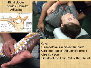 Right Upper
Thoracic Convex
Adjusting
Keys:
•Line-o-drive = elbows thru palm
•Grab the Table and Gentle Thrust
•Use rib cage
•Rotate at the Last Part of the Thrust
 