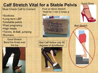 Bad Stretch
Good Shoe
Bad Calf Notice only 90
degrees of dorsiflexion
Calf Stretch Vital for a Stable Pelvis
Good Stretch
Bend the Knee over
the toe
Must Check Calf to Correct:
•Scoliosis
•Long term LBP
•Unstable pelvis
•Past pregnancy
•High Heels
•Tennis, B-Ball, jumping
•Runners
Foot on block Stretch:
“Hold for 1 min 2 times a
day”
 