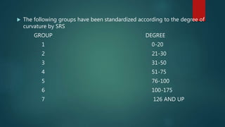  The following groups have been standardized according to the degree of
curvature by SRS
GROUP DEGREE
1 0-20
2 21-30
3 31-50
4 51-75
5 76-100
6 100-175
7 126 AND UP
 