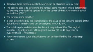  Based on these measurements the curve can be classified into six types
 The second step is to determine the lumbar spine modifier. This is determined
by drawing a vertical line upward from the center of the sacrum (center sacral
vertical line [CSVL]).
 The lumbar spine modifier
 is then determined by the relationship of the CSVL to the concave pedicle of the
apical lumbar vertebra and can be assigned into A, B, or C
 The third step is to determine the thoracic sagittal modifier. The sagittal
modifier is hypokyphotic (<10 degrees), normal (10 to 40 degrees), or
hyperkyphotic (>40 degrees)
 Forty-two discrete curve classifications can be identified by this three-step
process
 