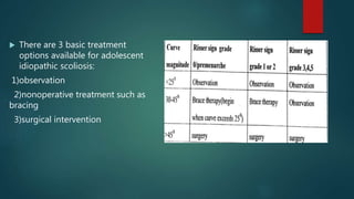  There are 3 basic treatment
options available for adolescent
idiopathic scoliosis:
1)observation
2)nonoperative treatment such as
bracing
3)surgical intervention
 