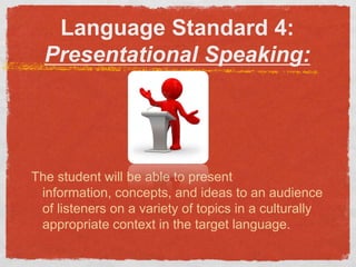 LanguageStandard 4:  Presentational Speaking: The student will be able to present information, concepts, and ideas to an audience of listeners on a variety of topics in a culturally appropriate context in the target language. 