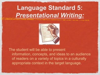 LanguageStandard 5:  Presentational Writing: The student will be able to present information, concepts, and ideas to an audience of readers on a variety of topics in a culturally appropriate context in the target language.