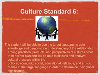 CultureStandard 6:  The student will be able to use the target language to gain knowledge and demonstrate understanding of the relationship among practices, products, and perspectives of cultures other than his/her own and will be able to discuss and analyze cultural practices within the political, economic, social, educational, religious, and artistic realms in the target language in order to determine their global significance.