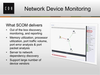 Network Device Monitoring
What SCOM delivers
• Out of the box discovery,
monitoring, and reporting
• Memory utilization, processor
utilization, port traffic volume,
port error analysis & port
packet analysis
• Server to network
dependency discovery
• Support large number of
device vendors
 