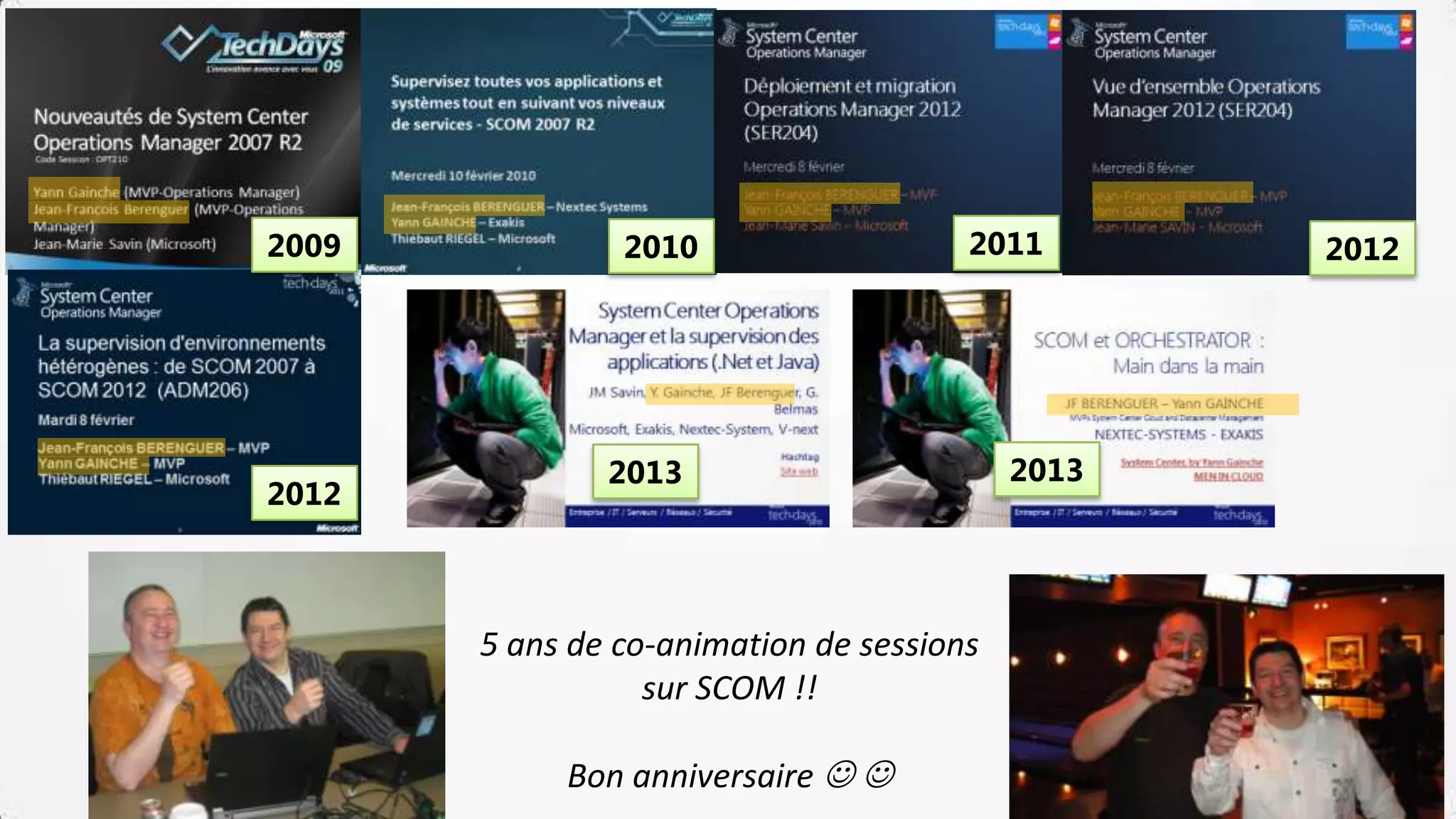 2009            2010                   2011       2012




               2013                        2013
2012



       5 ans de co-animation de sessions
                  sur SCOM !!

            Bon anniversaire  
 