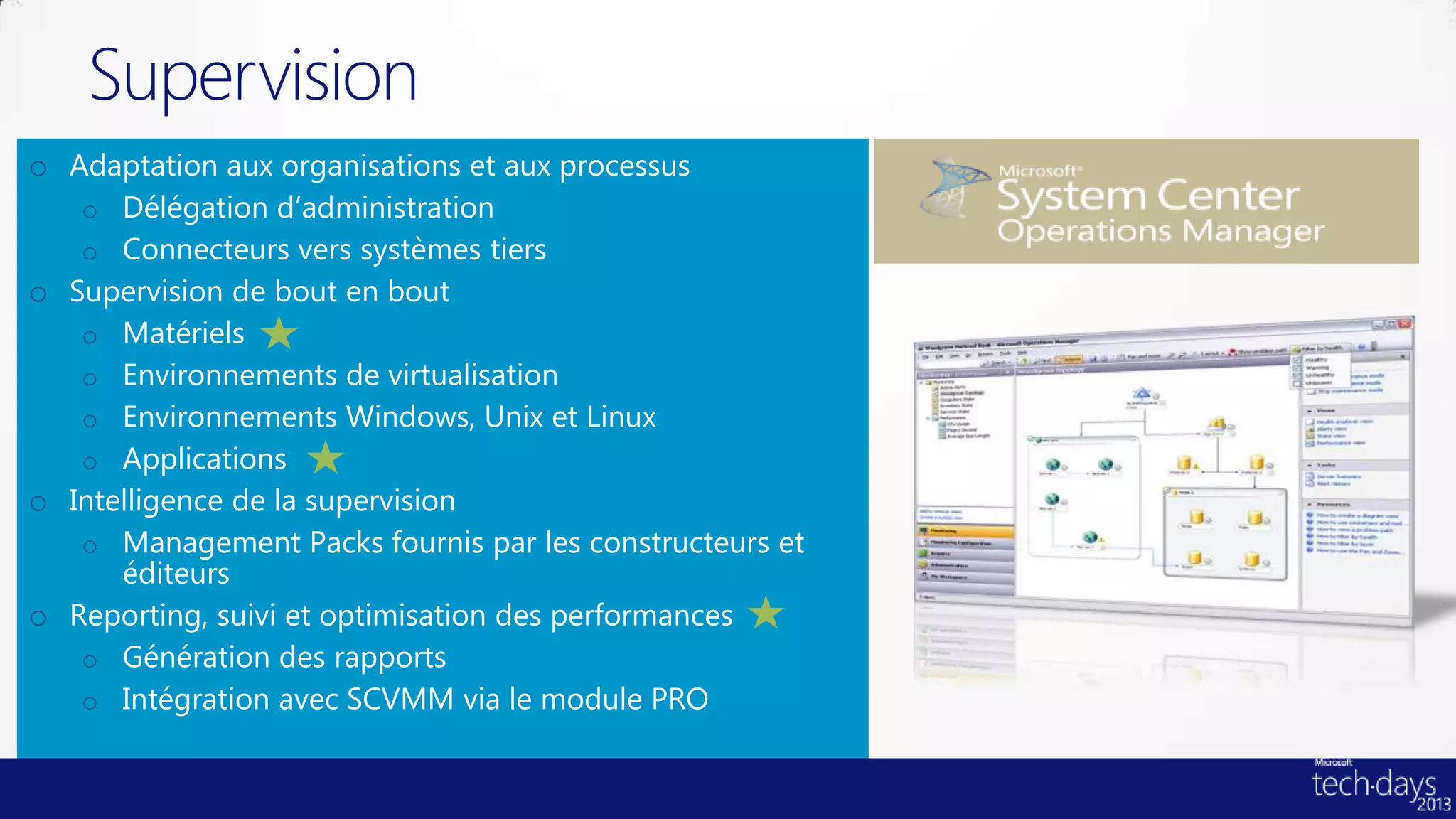 Supervision
o Adaptation aux organisations et aux processus
   o Délégation d’administration
   o Connecteurs vers systèmes tiers
o Supervision de bout en bout
   o Matériels
   o Environnements de virtualisation
   o Environnements Windows, Unix et Linux
   o Applications
o Intelligence de la supervision
   o Management Packs fournis par les constructeurs et
     éditeurs
o Reporting, suivi et optimisation des performances
   o Génération des rapports
   o Intégration avec SCVMM via le module PRO
 
