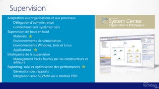 Supervision
o Adaptation aux organisations et aux processus
   o Délégation d’administration
   o Connecteurs vers systèmes tiers
o Supervision de bout en bout
   o Matériels
   o Environnements de virtualisation
   o Environnements Windows, Unix et Linux
   o Applications
o Intelligence de la supervision
   o Management Packs fournis par les constructeurs et
     éditeurs
o Reporting, suivi et optimisation des performances
   o Génération des rapports
   o Intégration avec SCVMM via le module PRO
 