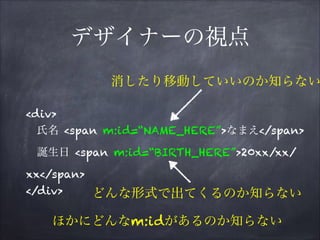 デザイナーの視点
<div>
氏名 <span m:id=“NAME_HERE”>なまえ</span>
誕生日 <span m:id=“BIRTH_HERE”>20xx/xx/
xx</span>
</div>
消したり移動していいのか知らない
どんな形式で出てくるのか知らない
ほかにどんなm:idがあるのか知らない
 