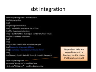 sbt integration
> test-only *Histogram* -- exclude cluster
[info] HistogramSpec
[info]
[info] Histogram from DList
[info] ...