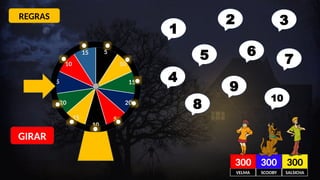 5
10
15
20
5
10
15
20
5
10
15
GIRAR
VELMA SCOOBY SALSICHA
05
10
15
20
25
30
35
40
45
50
55
60
65
70
75
80
85
90
95
100
105
110
115
120
125
130
135
140
145
150
155
160
165
170
175
180
185
190
195
200
205
210
215
220
225
230
235
240
245
250
255
260
265
270
275
280
285
290
295
300 05
10
15
20
25
30
35
40
45
50
55
60
65
70
75
80
85
90
95
100
105
110
115
120
125
130
135
140
145
150
155
160
165
170
175
180
185
190
195
200
205
210
215
220
225
230
235
240
245
250
255
260
265
270
275
280
285
290
295
300 05
10
15
20
25
30
35
40
45
50
55
60
65
70
75
80
85
90
95
100
105
110
115
120
125
130
135
140
145
150
155
160
165
170
175
180
185
190
195
200
205
210
215
220
225
230
235
240
245
250
255
260
265
270
275
280
285
290
295
300
1
5
2 3
4
6
7
9
8
10
REGRAS
 