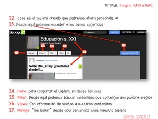TUTORIAL: Scoop.it PASO A PASO


22. Este es el tablero creado que podremos ahora personalizar
23. Desde aquí podemos acceder a los temas sugeridos




24. Share: para compartir el tablero en Redes Sociales
25. Filter: Desde aquí podemos buscar contenidos que contengan una palabra elegida
26. Views: Con información de visitas a nuestros contenidos
27. Manage: “Gestionar” desde aquí personalizamos nuestro tablero
                                                                  Carmen González
 