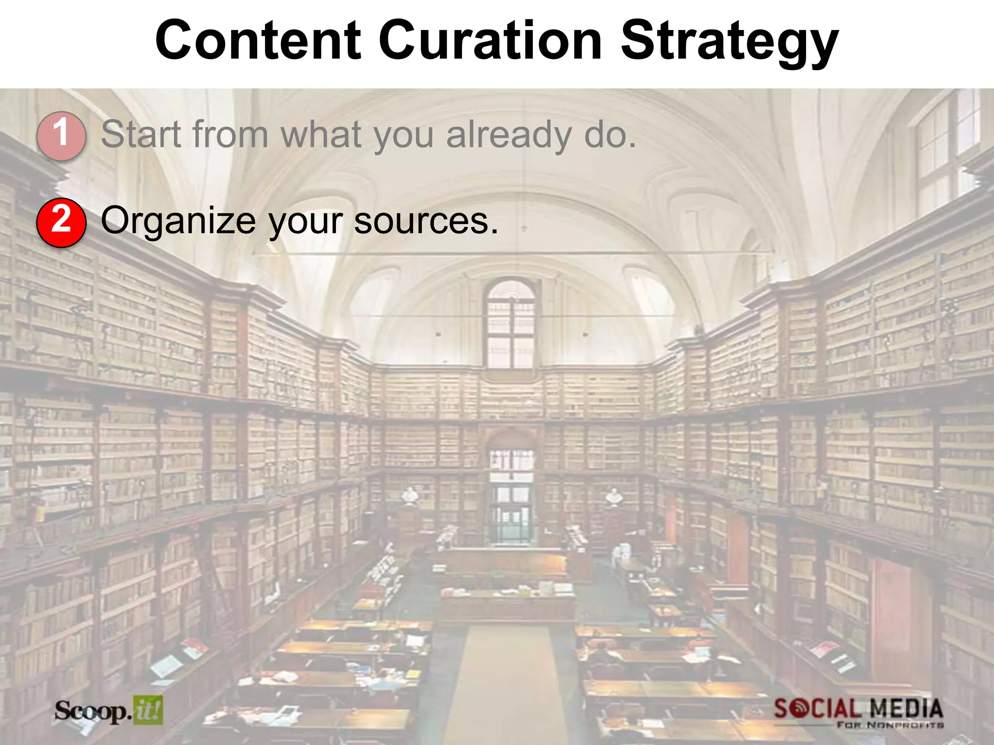 Content Curation Strategy
1 Start from what you already do.

2 Organize your sources.
 