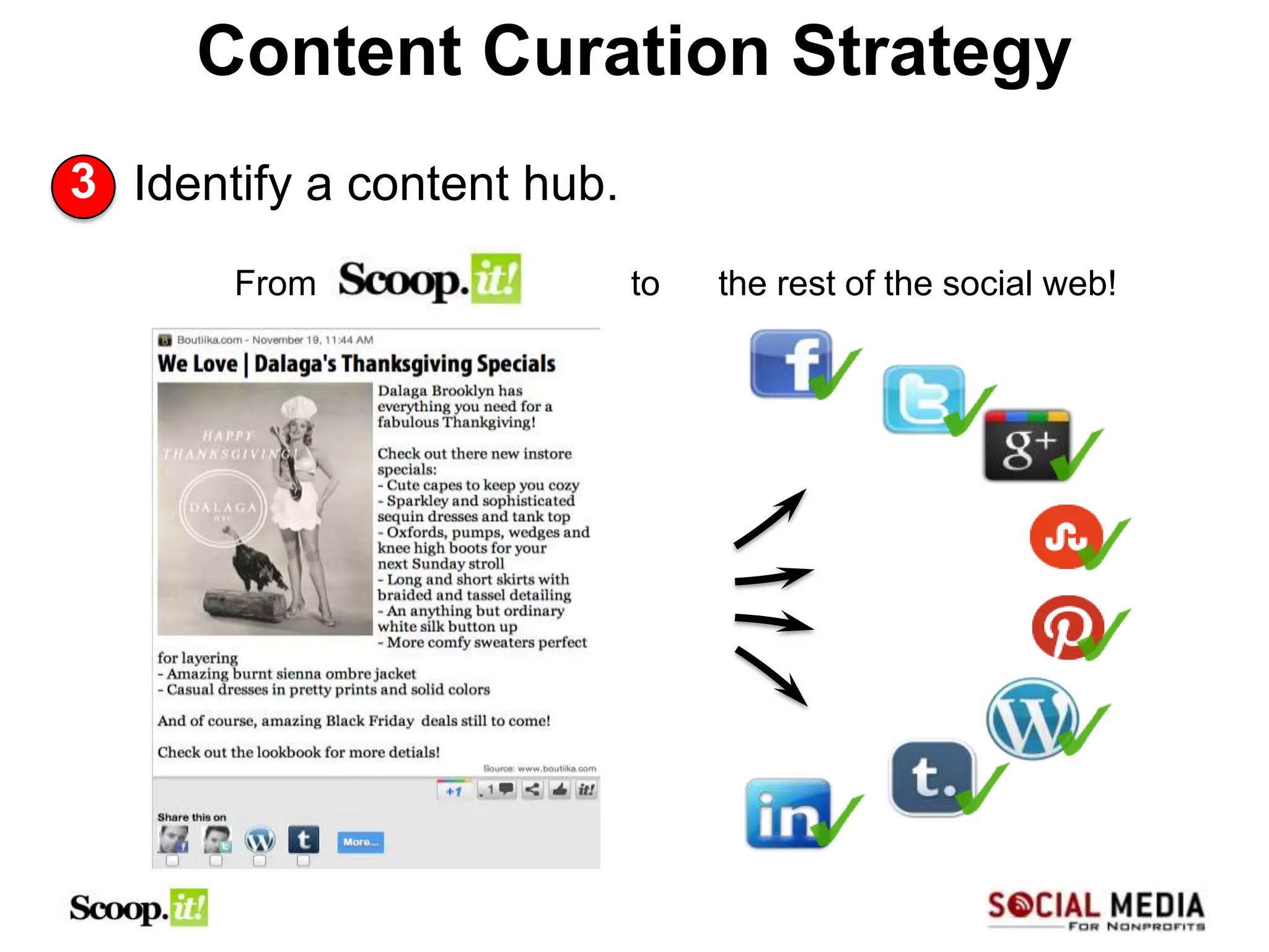 Content Curation Strategy
3 Identify a content hub.
       From                 to   the rest of the social web!
 
