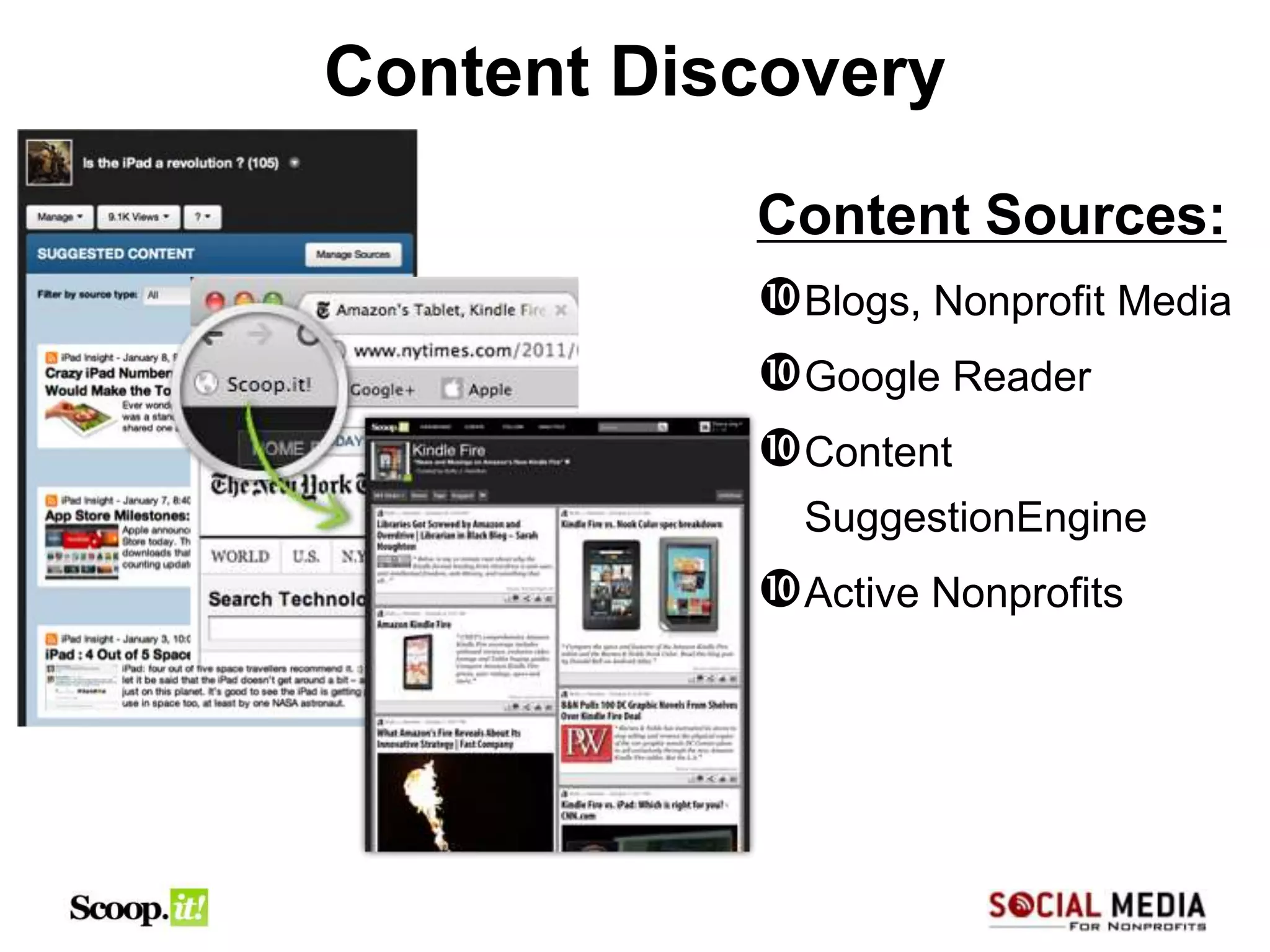 Content Discovery
           Content Sources:
           Blogs, Nonprofit Media
           Google Reader
           Content
             SuggestionEngine
           Active Nonprofits
 